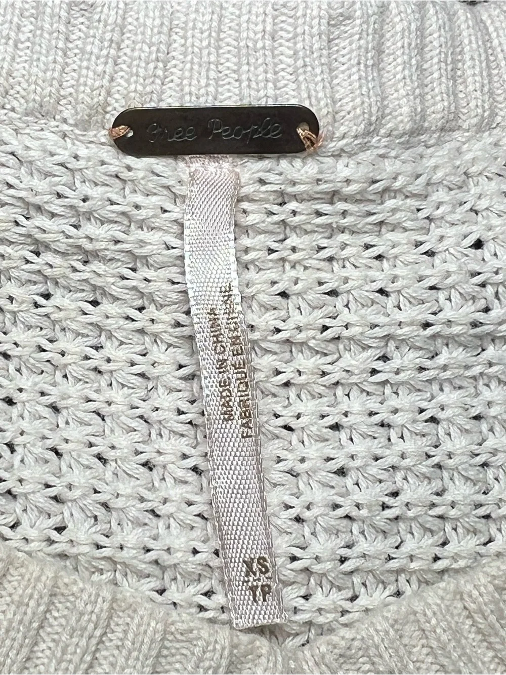 Free People Thermal Knit V-Neck Tunic Sweater Cream Raw Hem Cotton XS